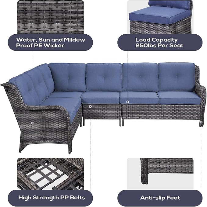 Outdoor Sectional Furniture Sofa Set with Propane Fire Pit Table, Wicker Patio Conversation Set with 2 Swivel Rocker Glider Chairs Blue Cushion Perfect for Backyard Casual Gathering