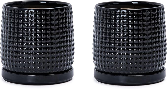D'vine Dev Set of 2 Ceramic Plants Pots, 4 Inch Beaded Stoneware Flower Pot for Plants with Drainage Hole and Saucer, Glossy Black, 27-E-Z-2