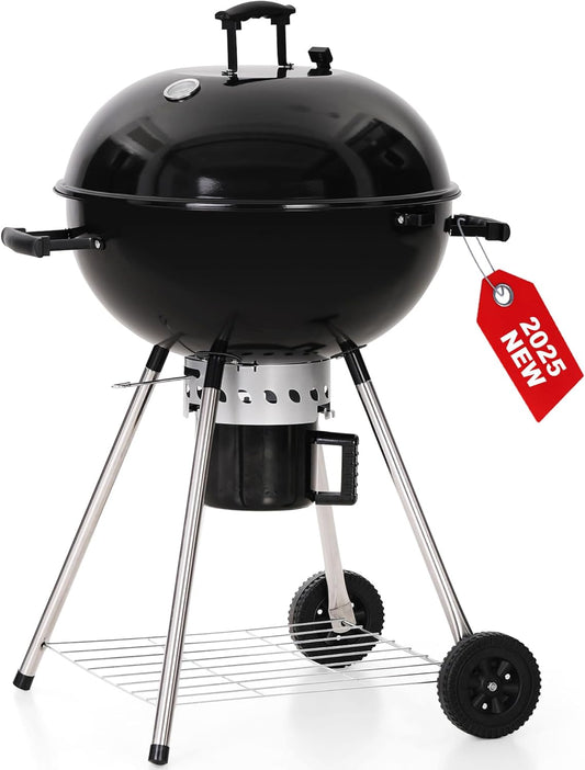 GREEN PARTY 22 inch Kettle Charcoal BBQ Grill with Wheels, Portable Charcoal Grill with Porcelain-Enameled Lid & Ash Catcher for Outdoor Cooking Barbecue Camping Picnics Tailgating
