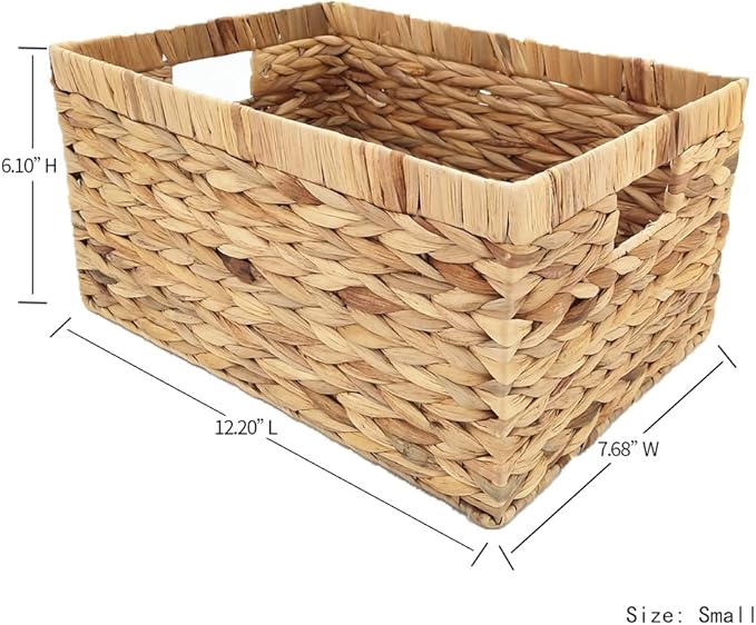Basket Box Woven Natural Water hyacinth Rectangular with Handle,Kingwillow.(Small)