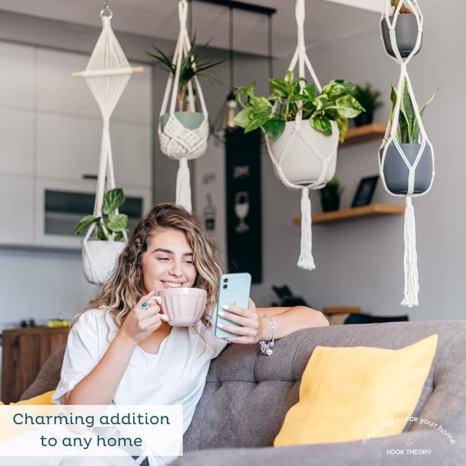 Nook Theory 4-Pack Macrame Plant Hanger - with 8 Ceiling Hooks - Hanging Planter Indoor Outdoor - Hanging Plant Holder - Decorative Bohemian Plant Hangers - Hanging Plants (Caramel)