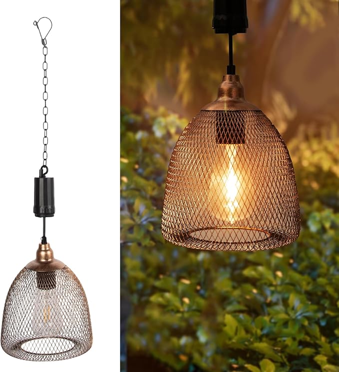 Battery Operated Hanging Light with 6 Hours Timer-Outdoor Indoor Pendant Chandelier Waterproof Lamp Lantern for Gazebo Porch Garden Patio Decorative Metal Warm White Bulb（Brown）