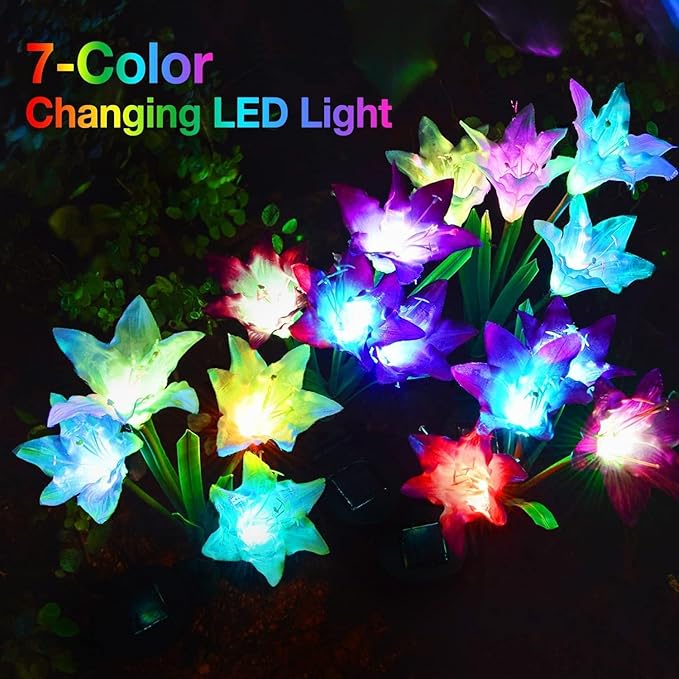 KOOPER Outdoor Solar Lights, 6 Pack Solar Garden Lights with Bigger Lily Flowers, Waterproof 7 Color Changing Solar Lights Outdoor - Bigger Solar Panel for Outdoor Patio Yard Garden Decoration