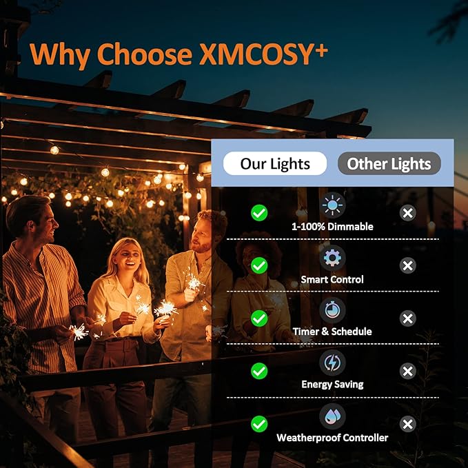 XMCOSY+ Outdoor String Lights, Smart Patio Lights 100Ft Dimmable Outdoor Lights Warm White, 50 G40 LED Bulbs, WiFi String Lights for Outside, Work with Alexa, APP Control, Waterproof Extendable