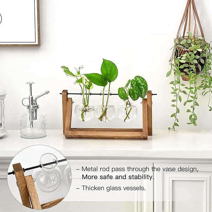 Ivolador Plant Propagation Station,Bulb Plant Terrarium with Wooden Stand,Unique Gardening Gifts for Women Plant Lovers,Hydroponic Indoor Planter Home Office Garden Wedding Decor-3 Bulb Glass Vases