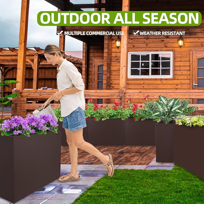 Metal Tall Long Planter Box Large Rectangular Planter Flower Pot with Drainage Holes for Indoor Outdoor Deck Porch Garden Home Patio Front Door (Espresso, L)