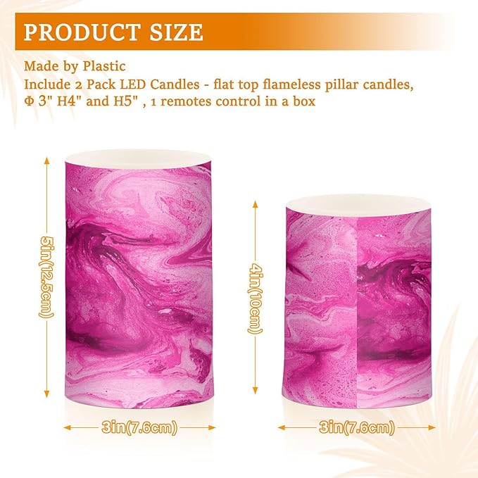Flickering Flameless Candles, Pink Fuchsia Marble LED Candles with Remote Timer, Set of 2 Battery Operated Candle for Valentine Wedding Birthday