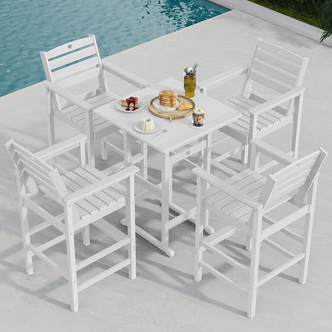 Tall Adirondack Chairs Set of 4, HDPE Wood Balcony Adirondack Chairs Set with Heart Cutout Design, Weather-Resistant Bar Height Furniture for Deck, Porch, Pool (White)