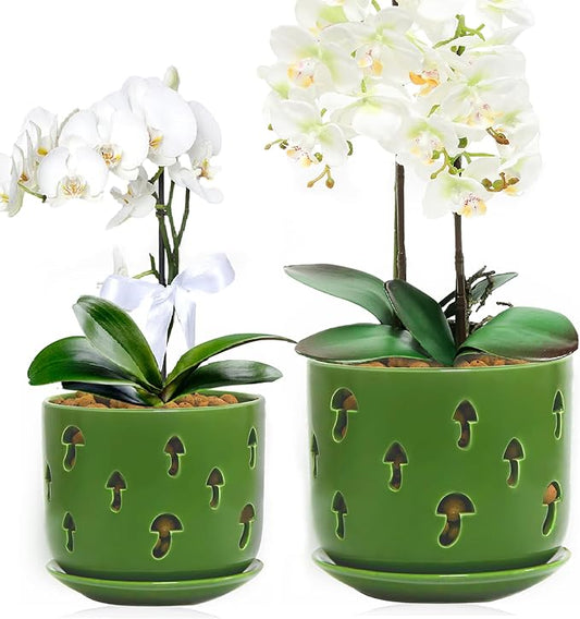 KERUITA Orchid Pots with Holes, 6 inch + 5 inch Orchid Planters with Dancing Mushroom Shaped Holes, Enhanced Drainage and Ventilation,Green Flower Pots for Indoor/Outdoor Plants for Repotting