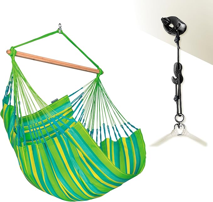 LA SIESTA® - Large Comfort Domingo Hammock Swing Chair & CasaMount - Weather & Tear Resistant Hanging Chair - Outdoor Indoor Hammock Chair w/Suspension Kit for Walls Ceilings Square Beams - Lime
