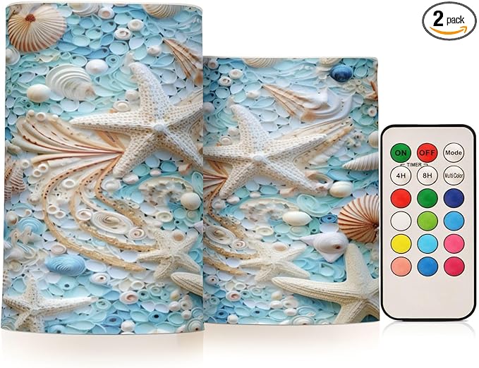 Flickering Flameless Candles, Starfish Seashell LED Candles with Remote Timer, Set of 2 Battery Operated Candle for Valentine Wedding Birthday