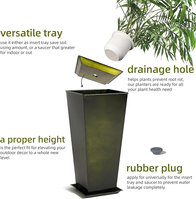 KOL 28''H. Tall Metal Planter with Saucer, Galvanized Steel Glazed Planter Pots with Drainage Hole for Indoor & Outdoor Use, Set of 2, Decorative Flower Plant Pots for Front Porch, Patio, Deck - Green