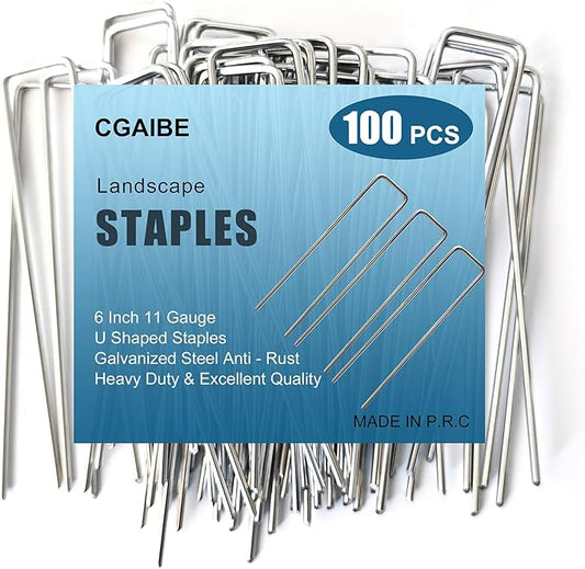 Galvanized Landscape Staples, 100 Pack 6 Inches Garden Lawn Stakes 11 Gauge U-Shaped Yard Turf Fabric Sod Pins for Weed Barrier Christmas Decorations Ground Cover Fabric