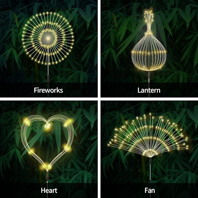 Solar Outdoor Warm White Garden Lights, 4 Pack Firework With 120 LED Starburst String 8 Modes Fairy With Remote, for Wedding Christmas, Lawn Backyard Party Patio Decoration