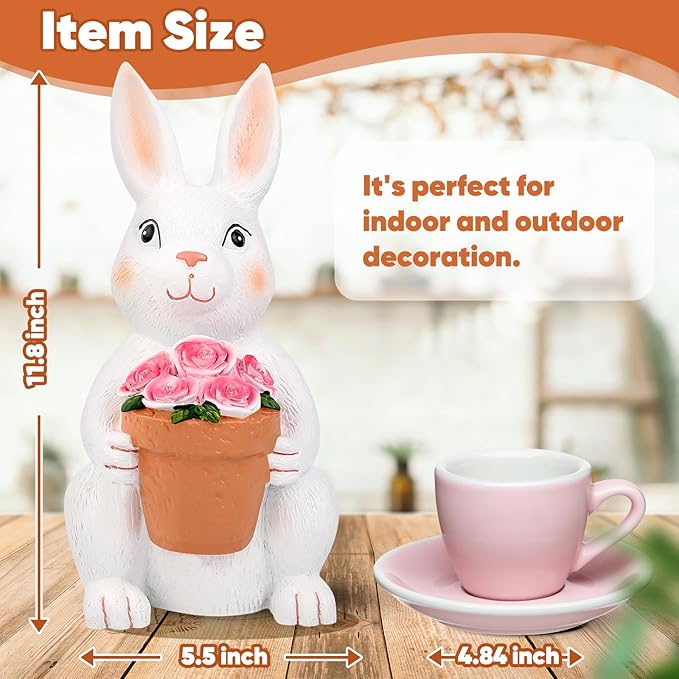 Brightever Solar Powered Outdoor Garden Statues- Rabbit with Flowers and 5 Colorful LED Lights, 11.8IN Outdoor Figurine Lights, Solar Garden Bunny Statue for Easter Decor, Gifts for Mom, Housewarming