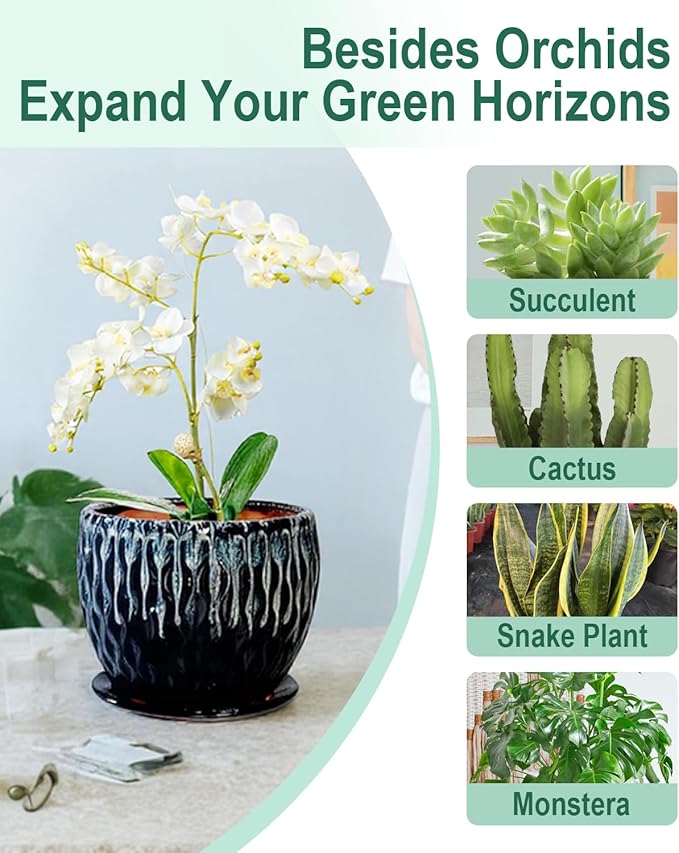 vensovo 7.5 Inch Ceramic Plant Pot with Drainage Holes and Saucer - Large Round Orchid Pot for Indoor Repotting, Ceramic Planter Maintain air Circulation, Black