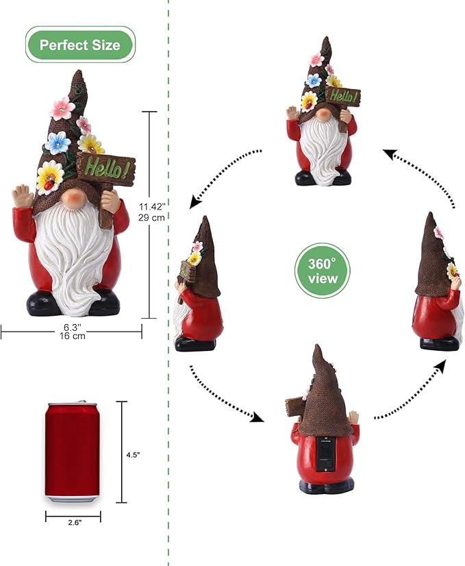 Gnome Solar Statues for Garden Decor - Outdoor Decorations Art Figurine for Patio Balcony Yard Lawn