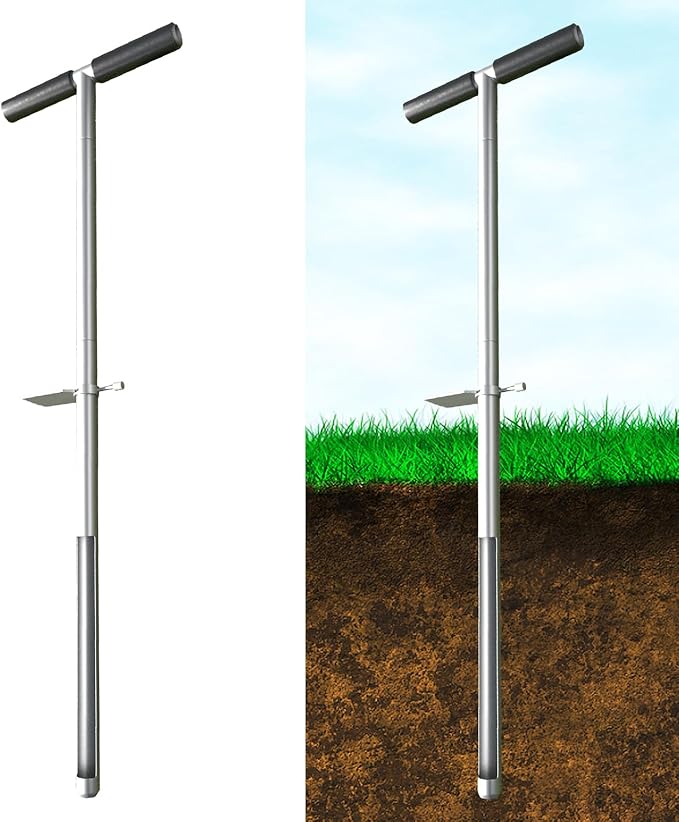 36" Soil Sample Probe Stainless Steel T-Style Handle Sampling Soil Probe Soil Sample Test Tool Kits with Foot Pedal and Reusable Sample Bags for Farm/Agriculture/Garden/Lawn/Golf Course