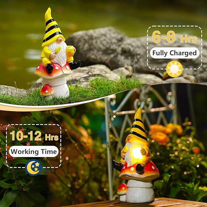 Solar Gnome on Mushroom Decor for Yard Decorations - 10 Inch Gnome Statue Decor for Outdoor,Perfect Garden Gifts for Women,Mom