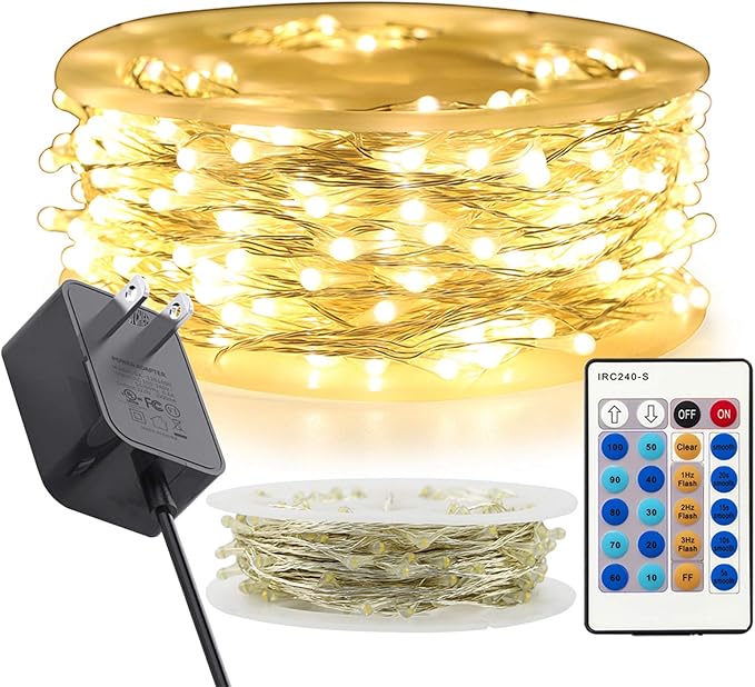 RUICHEN Warm White Dimmable Fairy Lights Plug in, 99 Ft 300 LED Twinkle String Lights with Remote, Waterproof Silver Wire Firefly Lights for Bedroom, Patio, Yard, Christmas, Wedding, Party