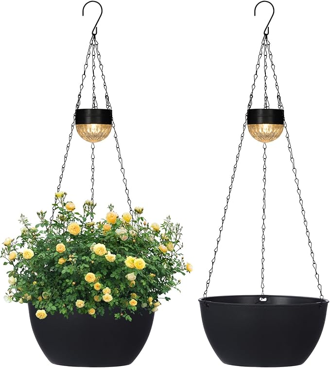2 Packs Hanging Planters Basket for Outdoor Plants, Solar Powered Self Watering Black Round Plastic Flower Pots with Drainer for Balcony Patio Garden Outdoor Decoration