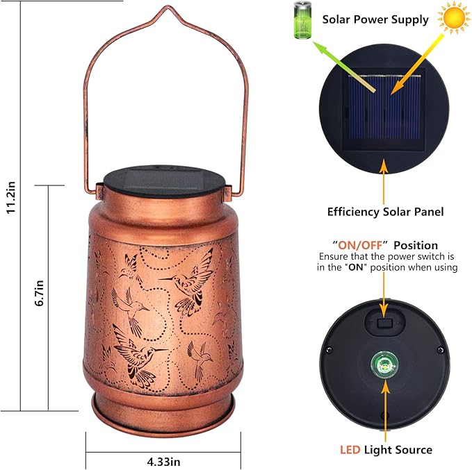 Solar Hummingbird Lanterns Outdoor Hanging Decor Lantern,Waterproof Hollow Out Metal Decorative Garden Light,Graceful Decoration for Patio,Yard,Landscape,Walkway,Festival