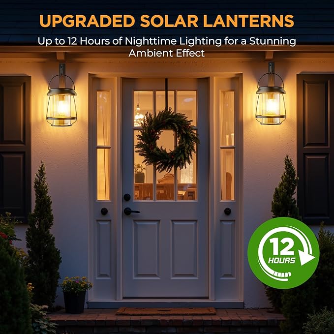 Solar Lanterns Outdoor Waterproof, Metal Hanging Solar Lights Outdoor with Hooks Wall Mount Kit, Solar Powered Lanterns for Garden Porch Patio Fence Decorative 2 Pack (Warm Light)