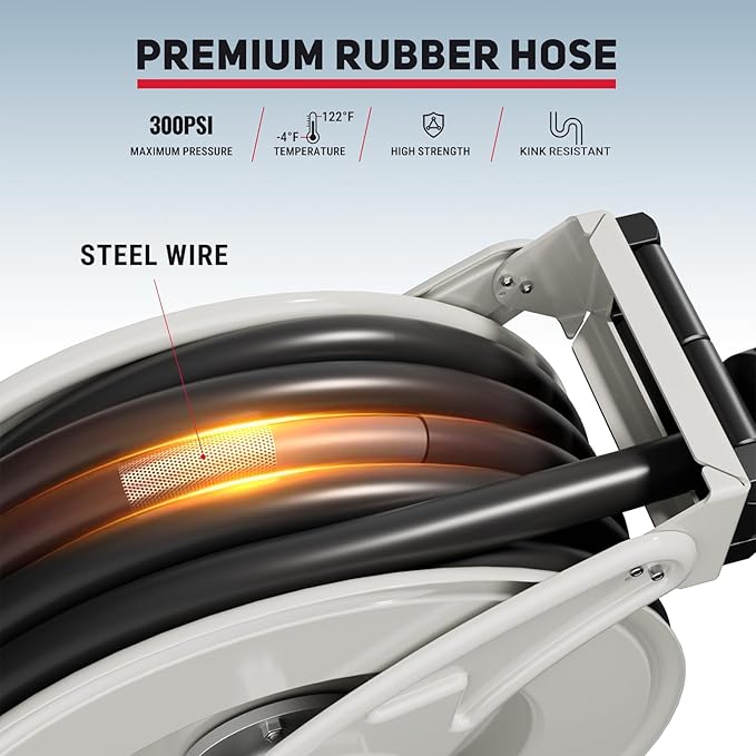 Fuel Hose Reel 3/4" x 50' Retractable with Fueling Nozzle Diesel Hose Reel 300 PSI Industrial Auto Swivel Heavy Duty Steel Construction for Farm Ship Vehicle Tank