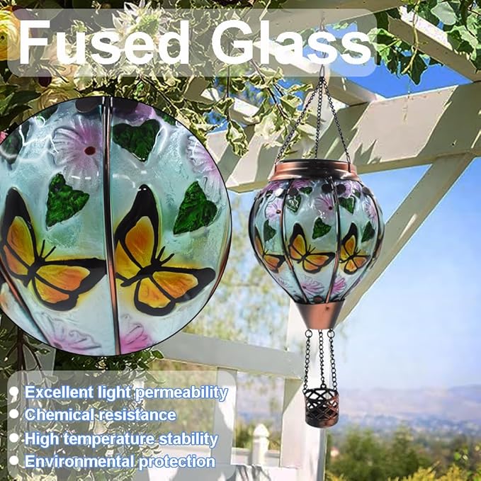 Hot Air Balloon Solar Lantern with Flickering Flame, Glass Hanging Garden Lights Outdoor Waterproof for Tree Yard Patio Mother's Day Gift, 18" H Butterfly
