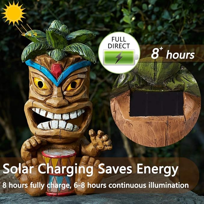 Outdoor Tiki Statue Decoration-Solar Power Light Tiki Garden Statues-Tiki Bar Decor Totem Pole Waterproof Figurines for Garden,Patio,Balcony,Yard,Lawn Ornament,10.43 Inch Tall