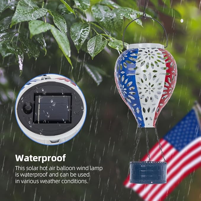Solar Hot Air Balloon Lantern,Hanging Lantern Outdoor Waterproof Decorative Metal LED Solar Lights for Trees Patio Garden Yard Porch Decor, Flag