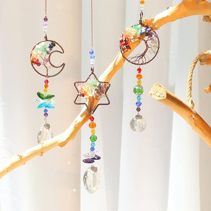 3pcs Rainbow Chakra Crystal Suncatcher Windows Hanging Tree of Life Sun Catchers Decor with Prisms for Car, Feng Shui Charms Decor for Home