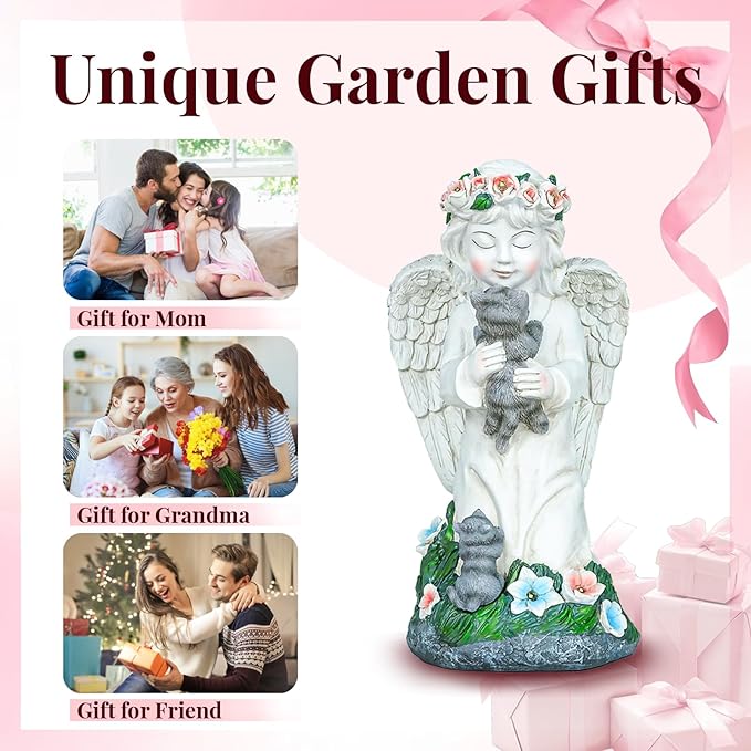 Angel Gifts for Women, Solor Statue for Garden, Angel and Cat Figurine with Lights, Outdoor Decorations for Yard Lawn Patio, Gifts for Mom Grandma Mother in Law Gardener Mother'Day