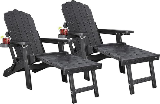 Adjustable Backrest Folding Adirondack Chair Set of 2, Adirondack Chair with Ottoman, Weather Resistant Fire Pit Chair with 2 Cup Holders, for Porch Backyard Outdoor Lawn Pool Deck Beach, Black