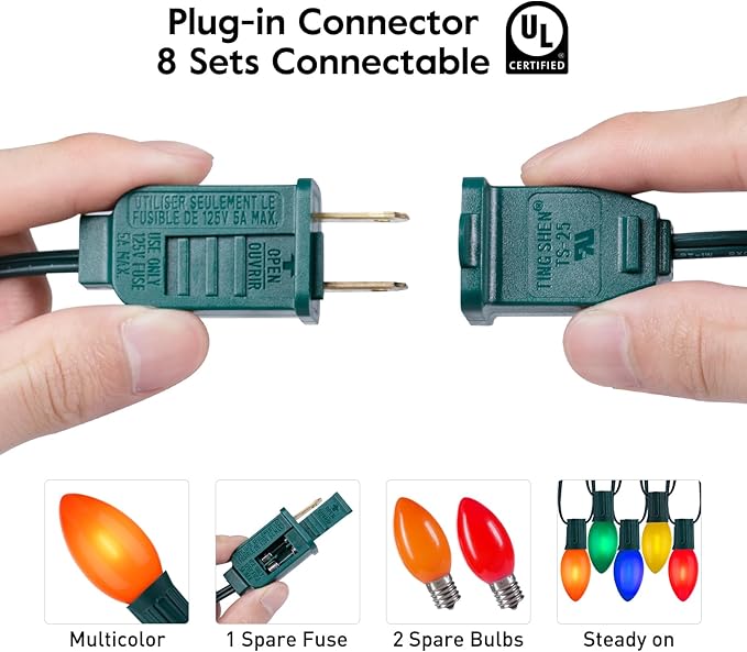 Vintage C9 LED Christmas Lights Outdoor Multicolor, 50 Feet C9 String Lights for Christmas Tree Roofline Holiday Party Indoor Outdoor Garden Patio Backyard Cafe Xmas Decoration, Green Wire