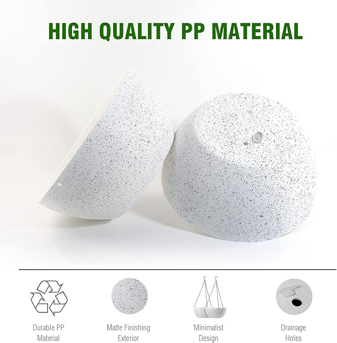 13 inch Large Hanging Planters Plant Pots for Outdoor Indoor Plants with Drainage Holes and Chain, 2 Pack Round Hanging Flower Pots for Garden Home Porch Decor, Speckled White