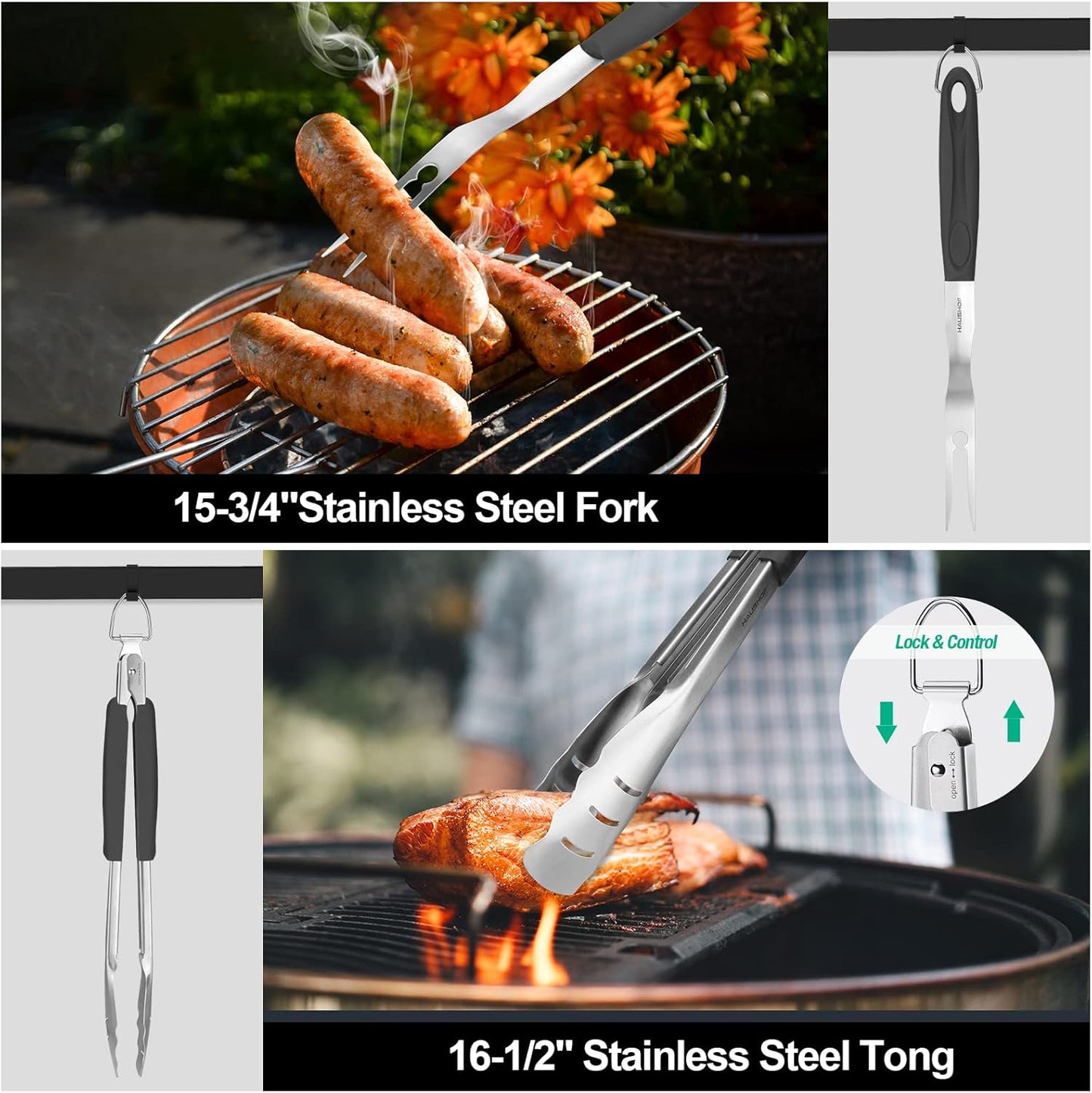 HAUSHOF Large Grilling Accessories, BBQ Grill Set, Heavy Duty Stainless Steel Barbecue Utensils with 16-1/2" Spatula, Brush, Fork, Tongs, Skewers, Thermometer, Bag, Ideal Gift, 15PCS