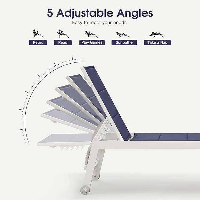 PURPLE LEAF Outdoor Chaise Lounge Adjustable Sunbathing Recliner with Side Table Navy Blue 2 Sets