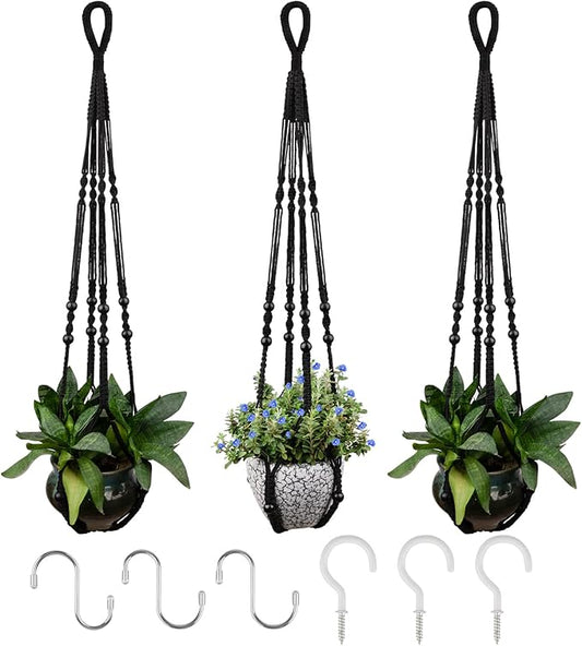 RIFNY Macrame Plant Hanger for 5 to 10 Inch Plant Pots, 35 Inch Indoor Handmade Woven Rope Hanger Kits with Hooks and Wood Beads, Hanging Planter Basket Holder for Boho Home Decor (Black, 3 Pack)