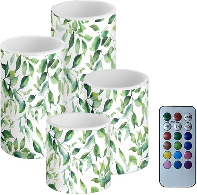 Flameless Candles Battery Powered LED Pillar Candles Tealights with Remote Timer Color Changing Control for Indoor Outdoor Home Desktop Decor Set of 4, Green Leaf White