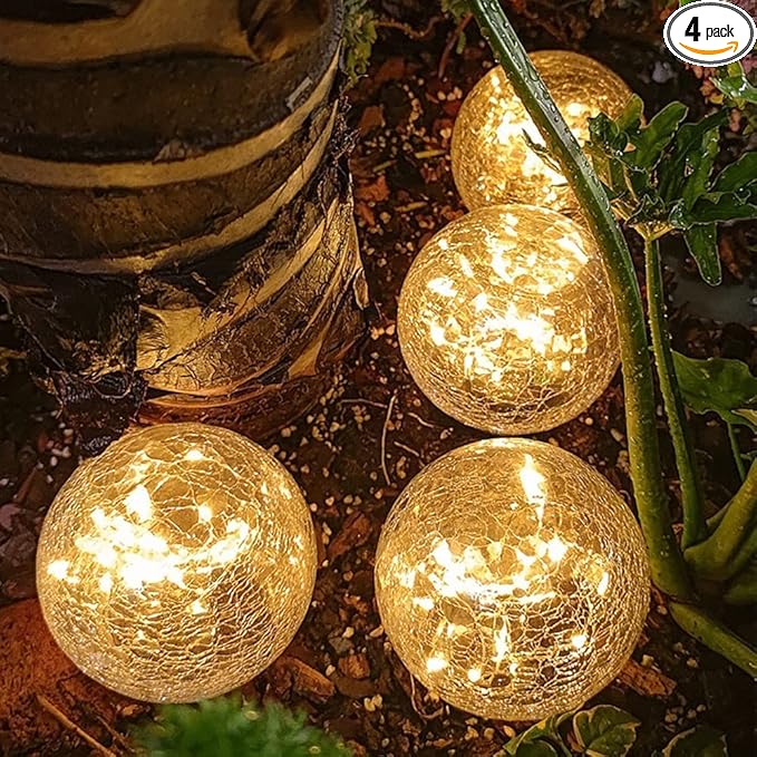 TOMEX 4 Pack Solar Garden Lights, Cracked Glass Ball Waterproof Warm White LED for Outdoor Decor Decorations Pathway Patio Yard Lawn, 4 Pack (3.9")