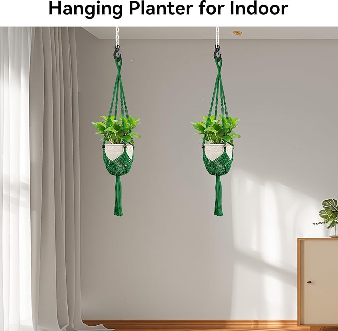 USLAI Macrame Handmade Basket Plant Hanger (2-Pack), for 3-8 Inch Pots, Indoor Outdoor Strong Hanging Planter Flower Pot Holder with Beads and Tassels, Boho Home Decor (POTS NOT Included) (Green)