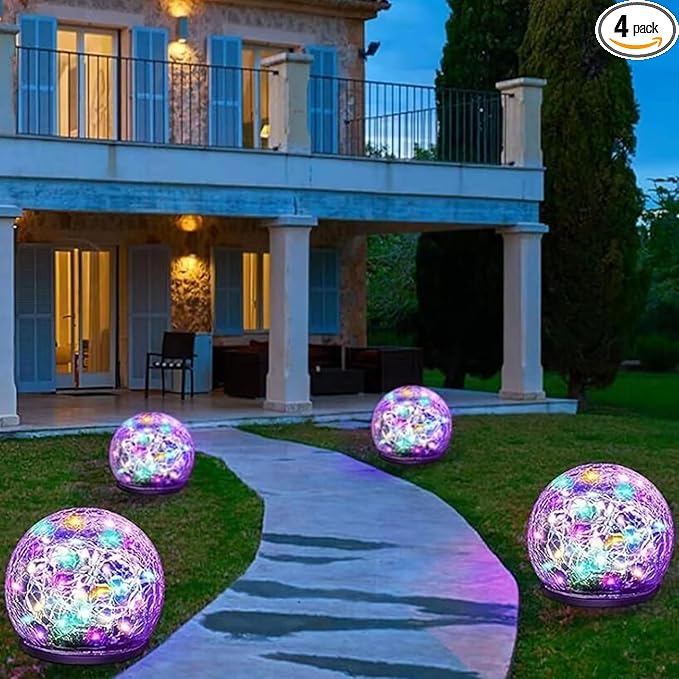 Solar Garden Lights, 4 Pack 120 LED Multicolor Cracked Glass Solar Outdoor Lights Decorative, Upgraded Waterproof Ball Lights for Yard Pathway Patio Lawn Christmas Outside Decor, TYN2023-5