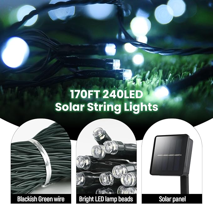Solar String Lights Outdoor, 2 Pack 240 Led Solar Fairy Lights for Outside Waterproof 170ft Cool White Solar Lights 8 Lighting Mode Solar String Lights for Outside,Garden,Courtyards,Trees