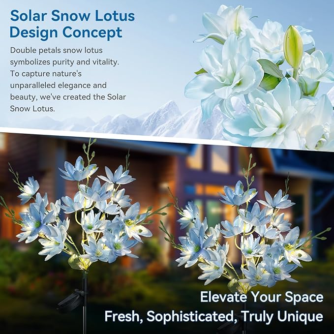 Neporal Solar Flowers Outdoor Waterproof IP65, 5-Head Snow Lotus with 20+ Flowers, Warm LED Light & 2 Lighting Modes, Decorative Solar Lights Outdoor Garden, Yard, Pathway, Flower Bed (2-Pack, Blue)