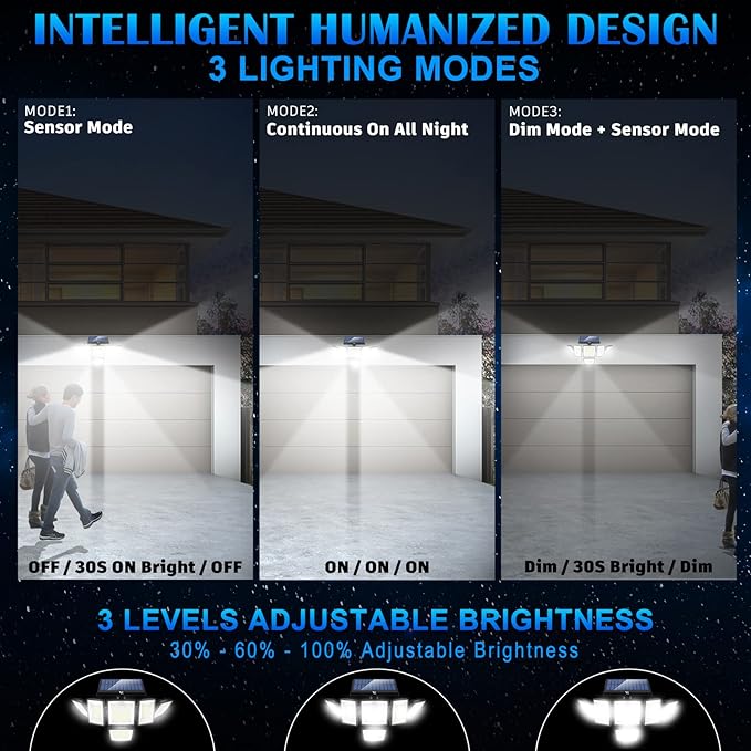 Solar Motion Sensor Flood Lights Outdoor - 496LEDs 3500LM 3 Lighting Modes 3 Levels Brightness, 6 Heads 360° Illumination, IP65 Solar Security Lights,for Porch Yard Patio Garage(2 Packs)