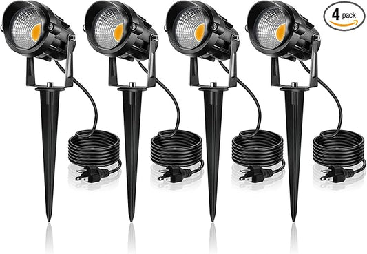 LemonBest 12W Landscape Lighting LED Outdoor Spotlight 120V AC Waterproof Landscape Lights Warm White Spot Lights for Yard Garden Decorative Lawn Lamp Flag Light with Spiked Stake, 4 Packs
