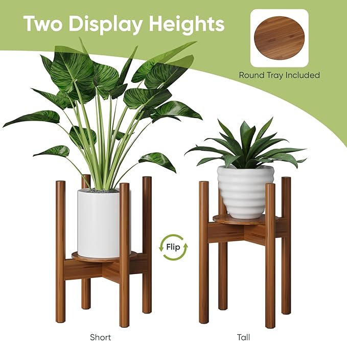 2 Pack Adjustable Plant Stand, Bamboo Plant Stand Indoor with Tray, Wood Plant Stand for 8 to 12 inches Flower Pots, Single Mid Century Modern Plant Stand for Indoor Plants, Walnut