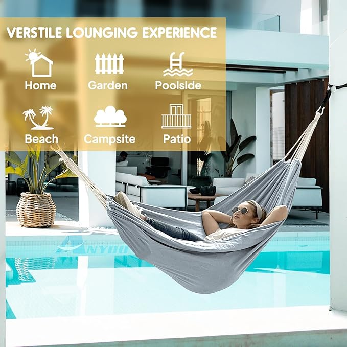 ANYOO Cotton Hammock Portable Camping Hammocks for Hanging Sturdy Garden Comfortable Fabric Hammock with Tree Straps Up to 660lbs with Travel Bag for Camping Outdoor/Indoor Patio Backyard