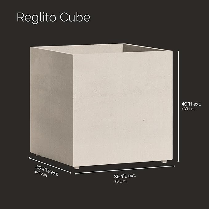 Reglito Cube Planter – Fiberglass Indoor/Outdoor and Weather-Resistant Large Planter (Sand Stone, 39.4" L x 39.4" W x 40" H)
